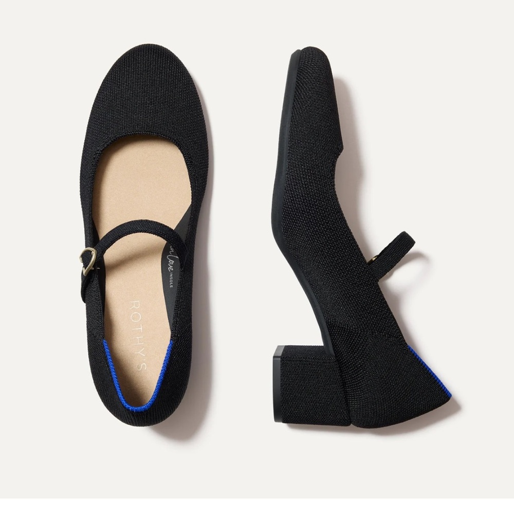 Rothy's Black Mary Jane Heels with Blue Trim